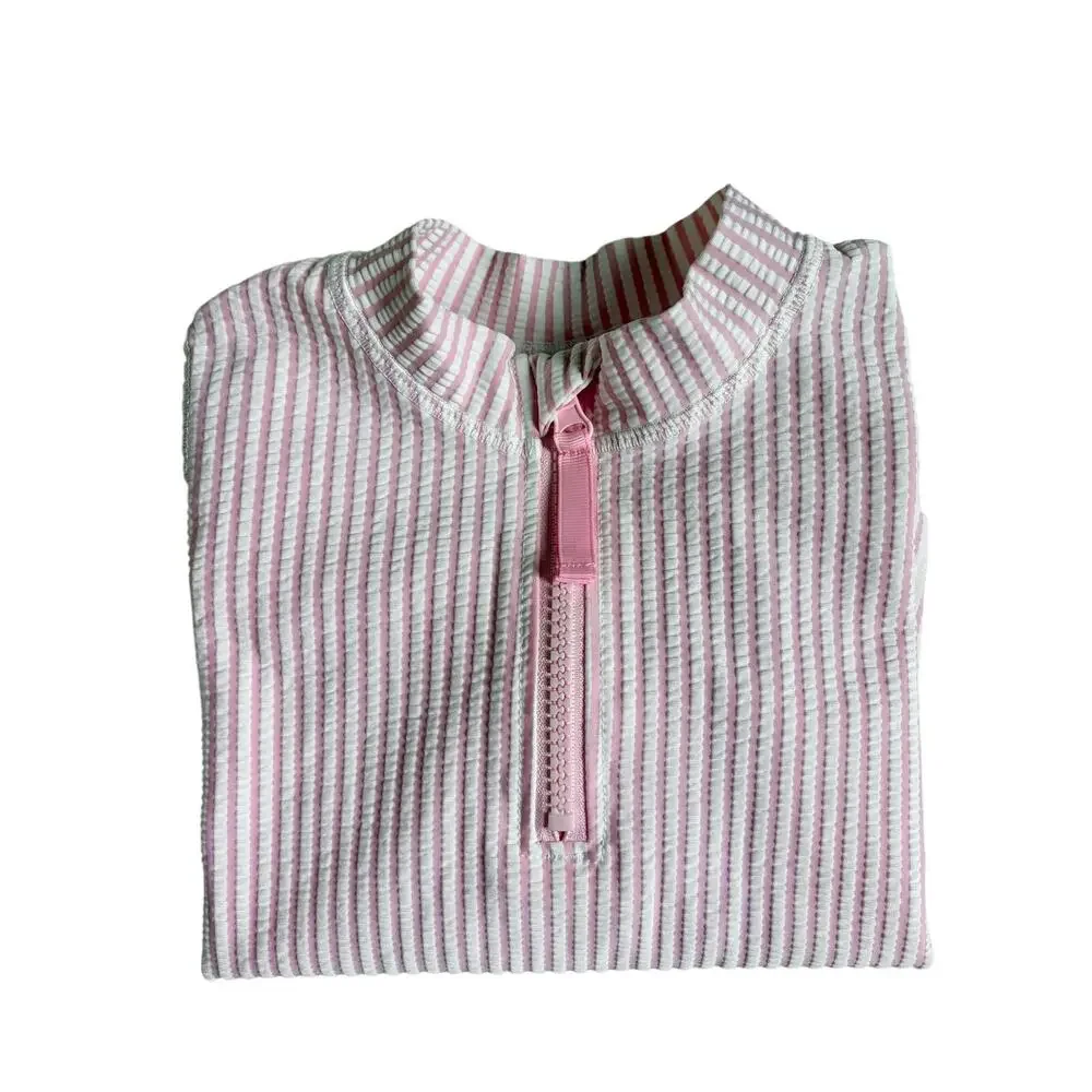 RuffleButts Seersucker Long Sleeve Rash Guard (Pink & White Striped) - 4T